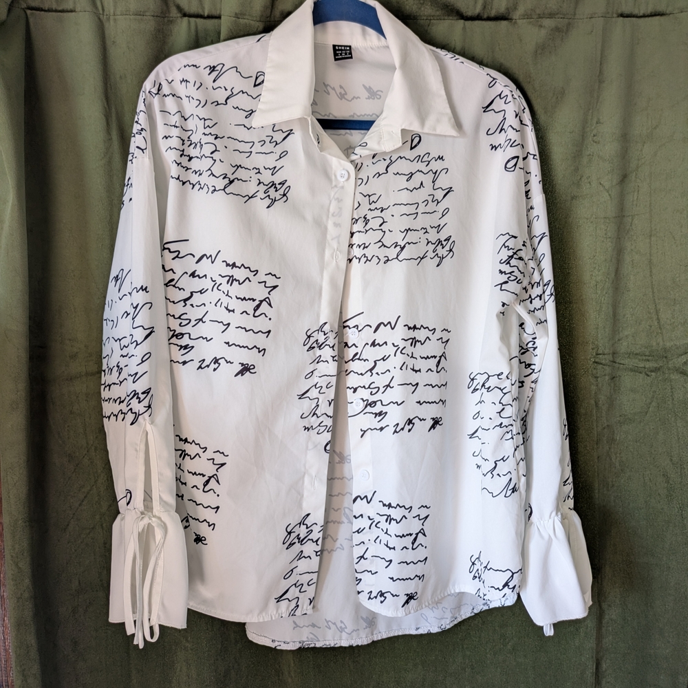 SHEIN White Button-Down Shirt with Black Script Print